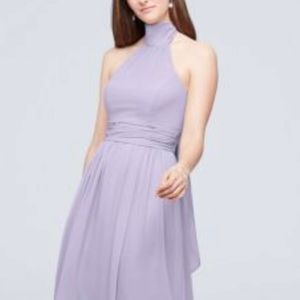 David’s Bridal Tie Mock-Neck Ruched Georgette Dress